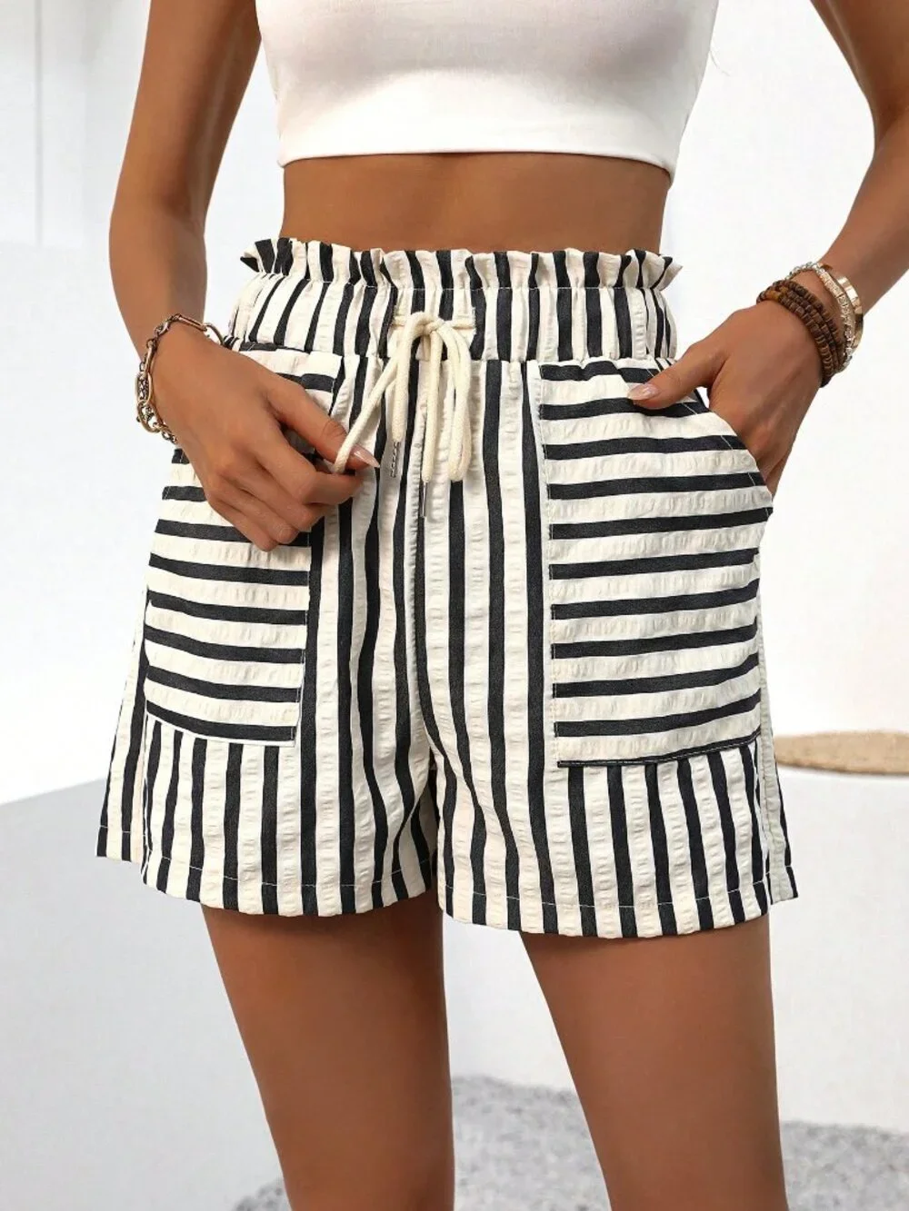 Multicolor Casual Women's Vacation Colorblock Striped Paper Bag Waist Shorts